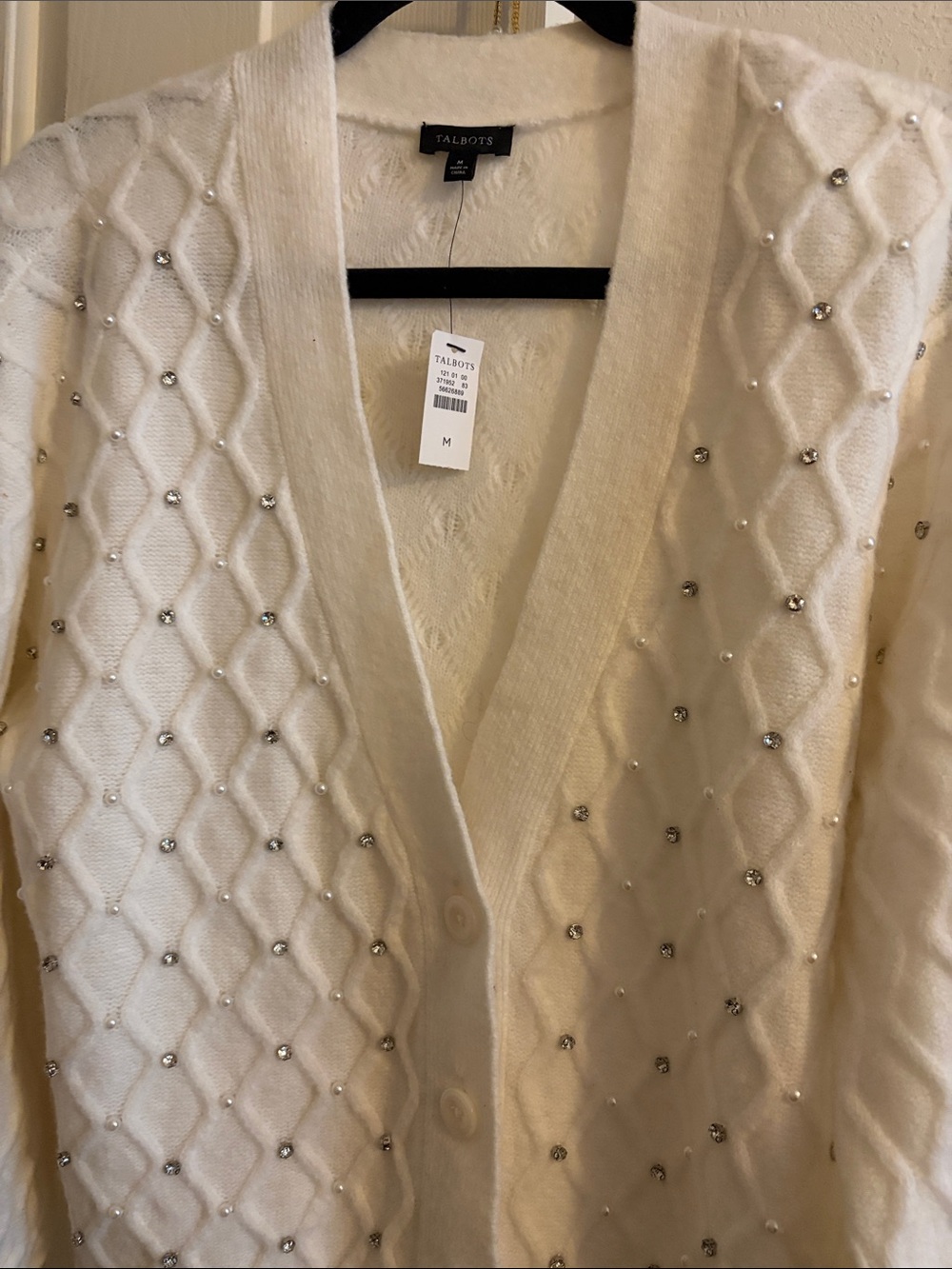 Talbots Ivory Beaded Diamond‑Knit V‑Neck Cardigan